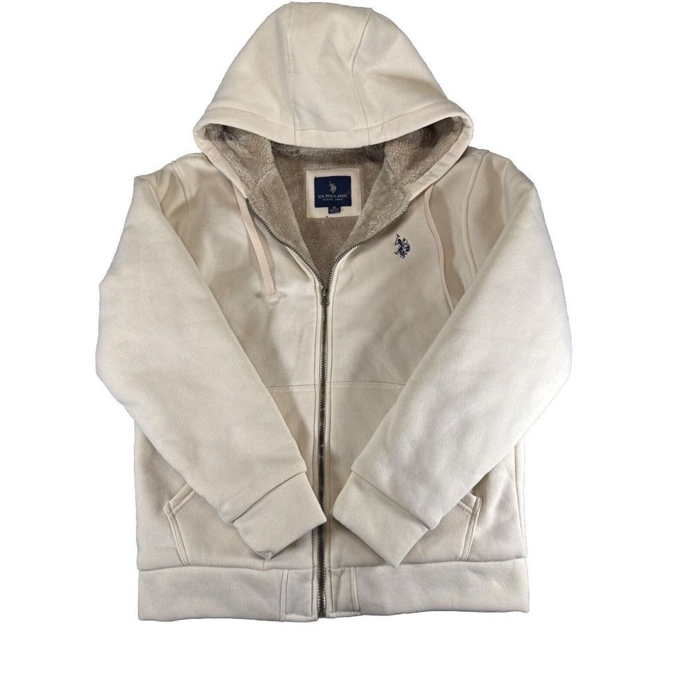 US Polo Assn Sz Medium Oatmeal Colored Sherpa Fur Fleece Hoodie Jacket Pockets